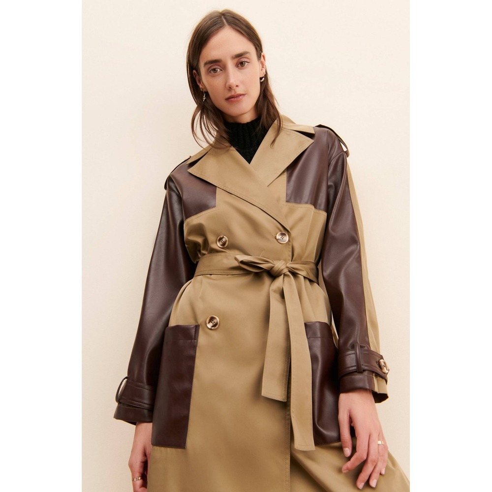 Elegant Two-Tone Trench Coat in Brown and Tan - Picture 3 of 9